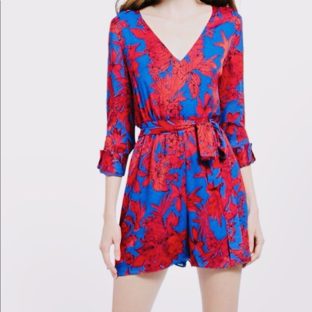 Alice + Olivia Melia Tropical Floral Romper Blue Red Size 0